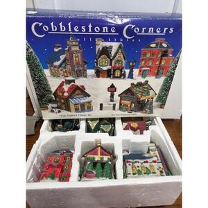 VTG Cobblestone Corners Christmas Village 10pc Lighted Porcelain TESTED WORKS